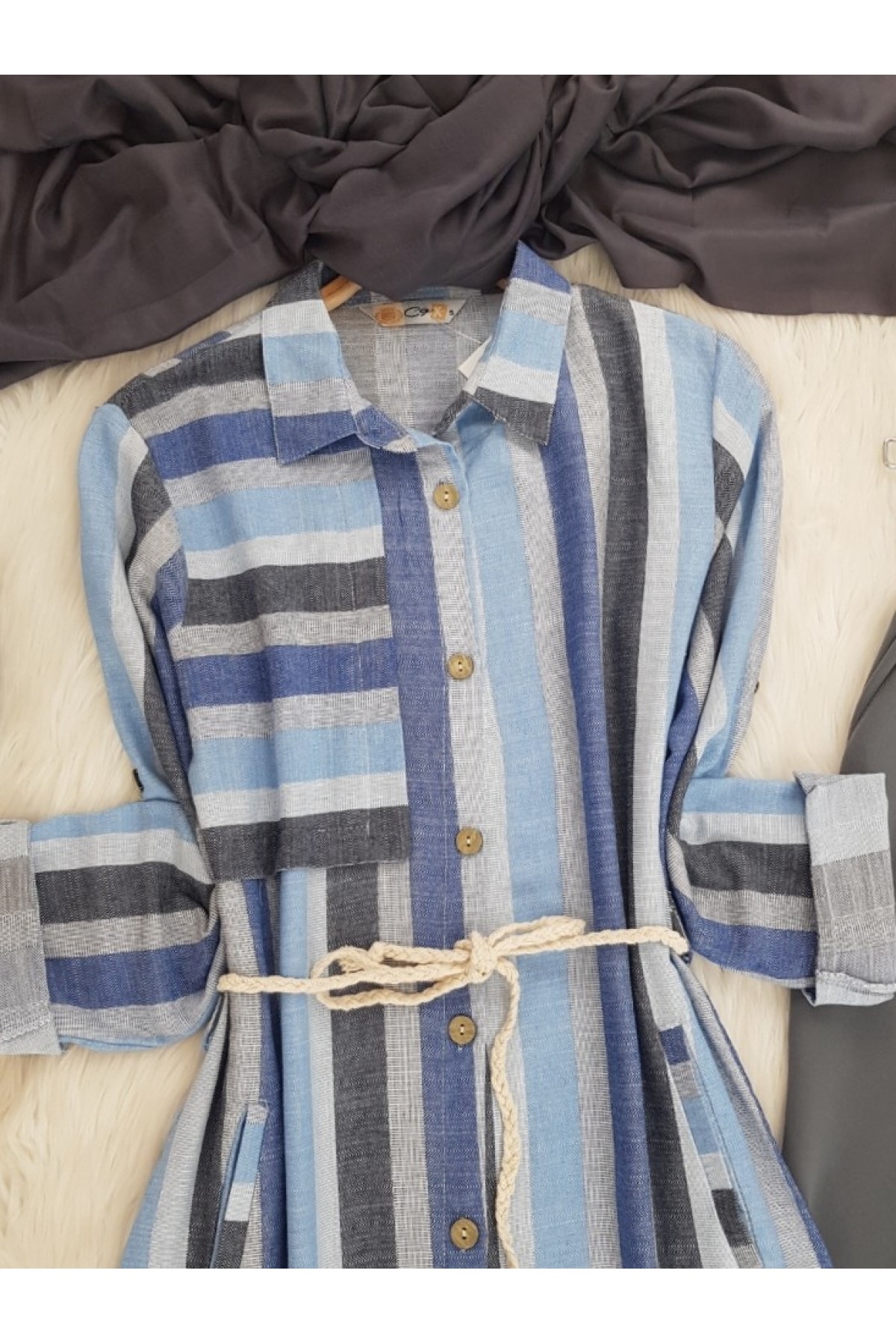 Hasır Kemerli Çizgili Tunik   -Navy blue