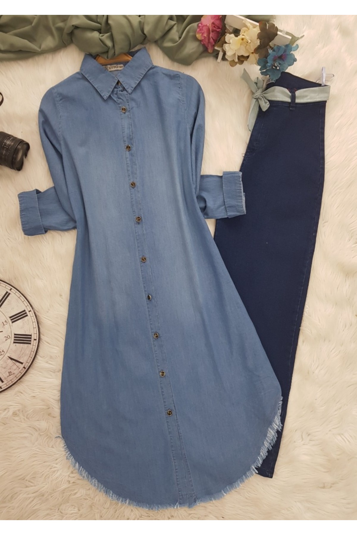 Eteği Püsküllü Tunik -أزرق فاتح