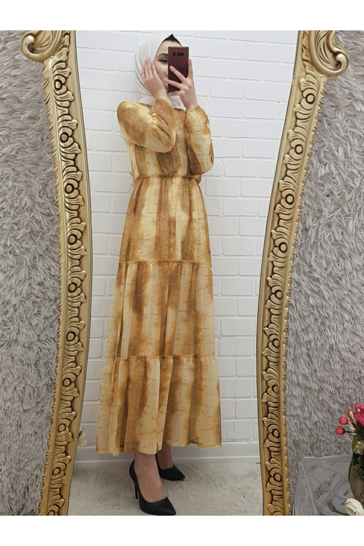 Batik Desen Astarlı Şifon Elbise  -Yellow