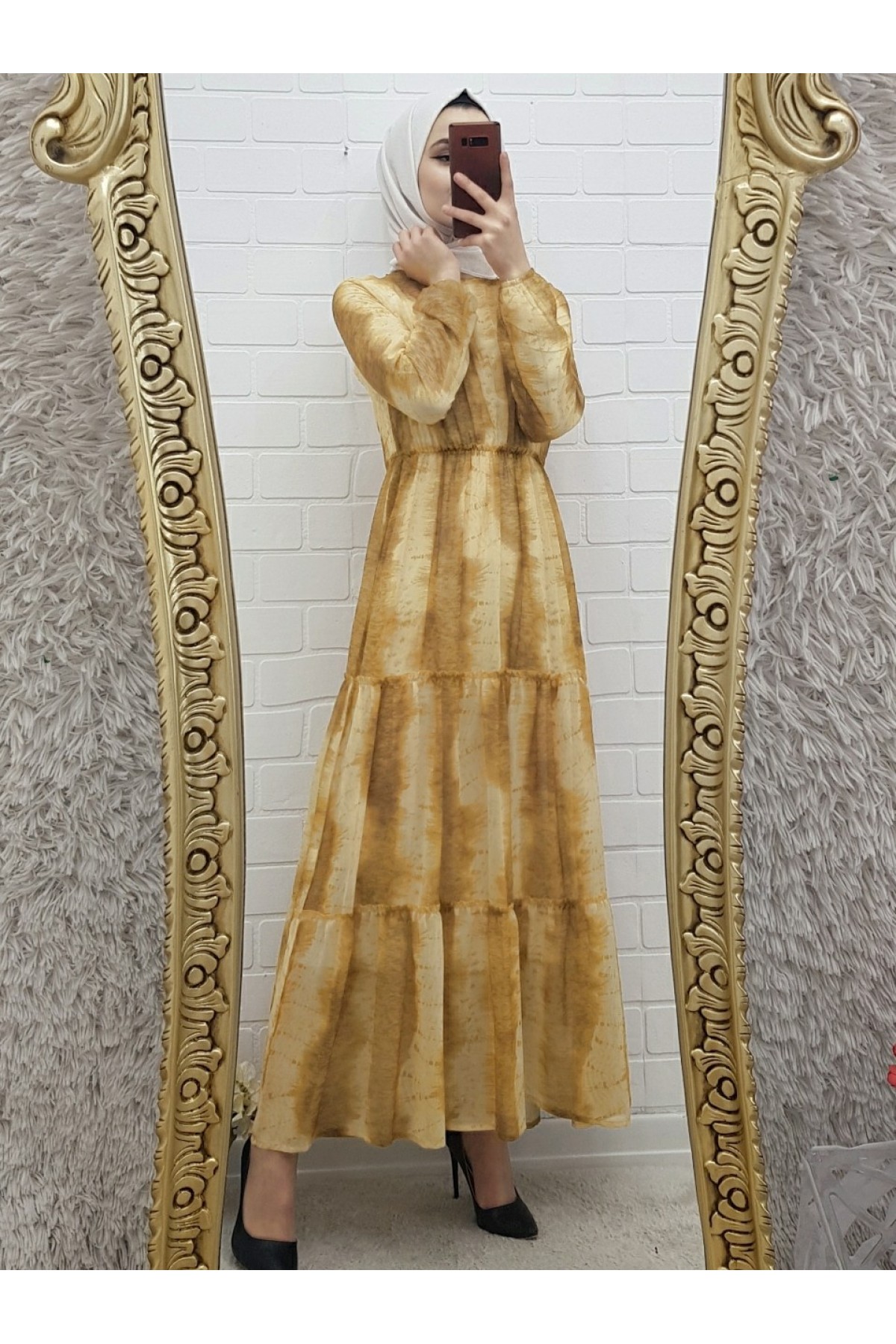 Batik Desen Astarlı Şifon Elbise  -Yellow