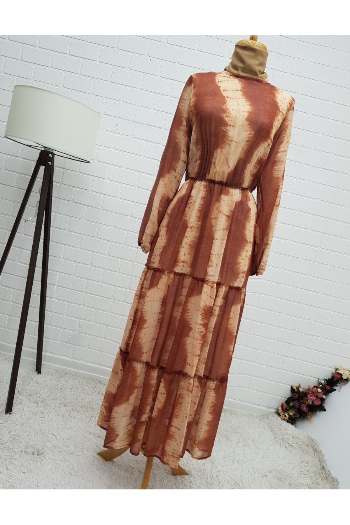 Batik Desen Astarlı Şifon Elbise  -Brick color