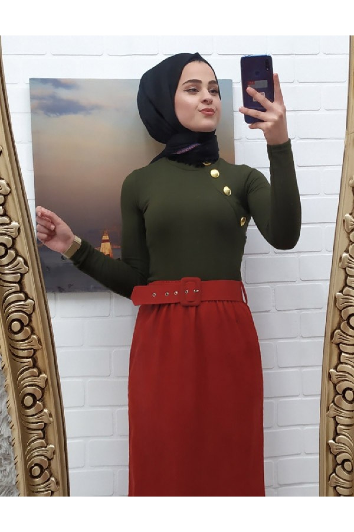 Düğme Detaylı Boğazlı Metraj Triko   -Haki