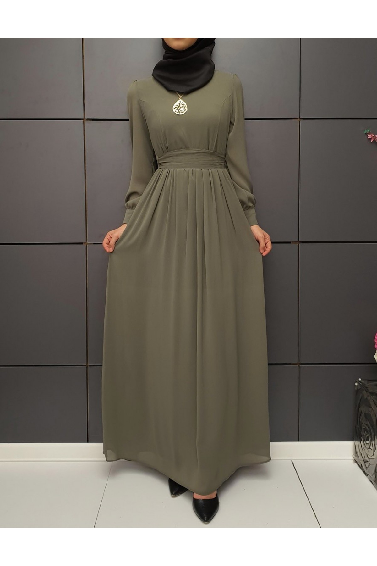 Astarlı Kolyeli Elbise       -Khaki