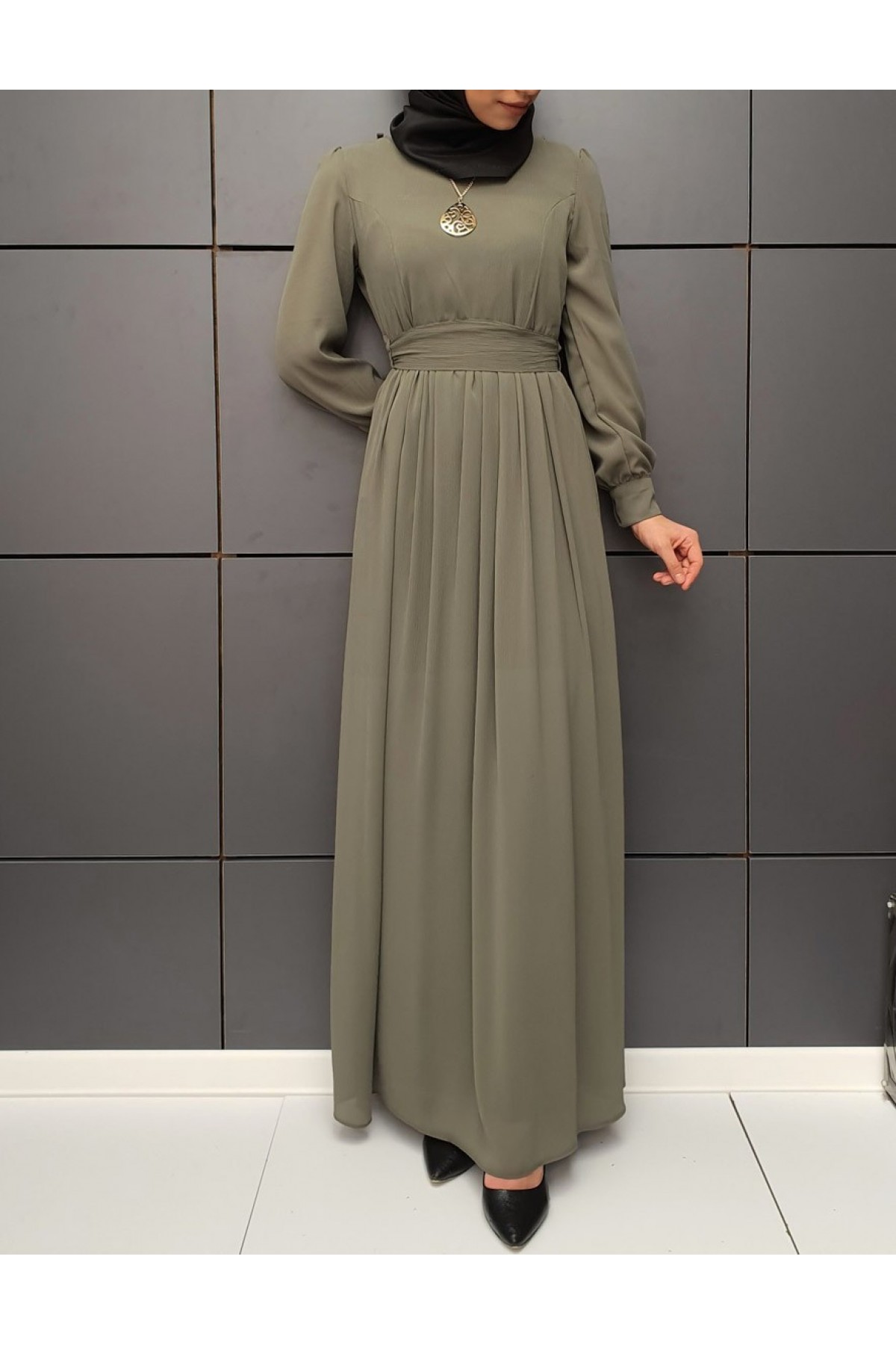 Astarlı Kolyeli Elbise       -Khaki
