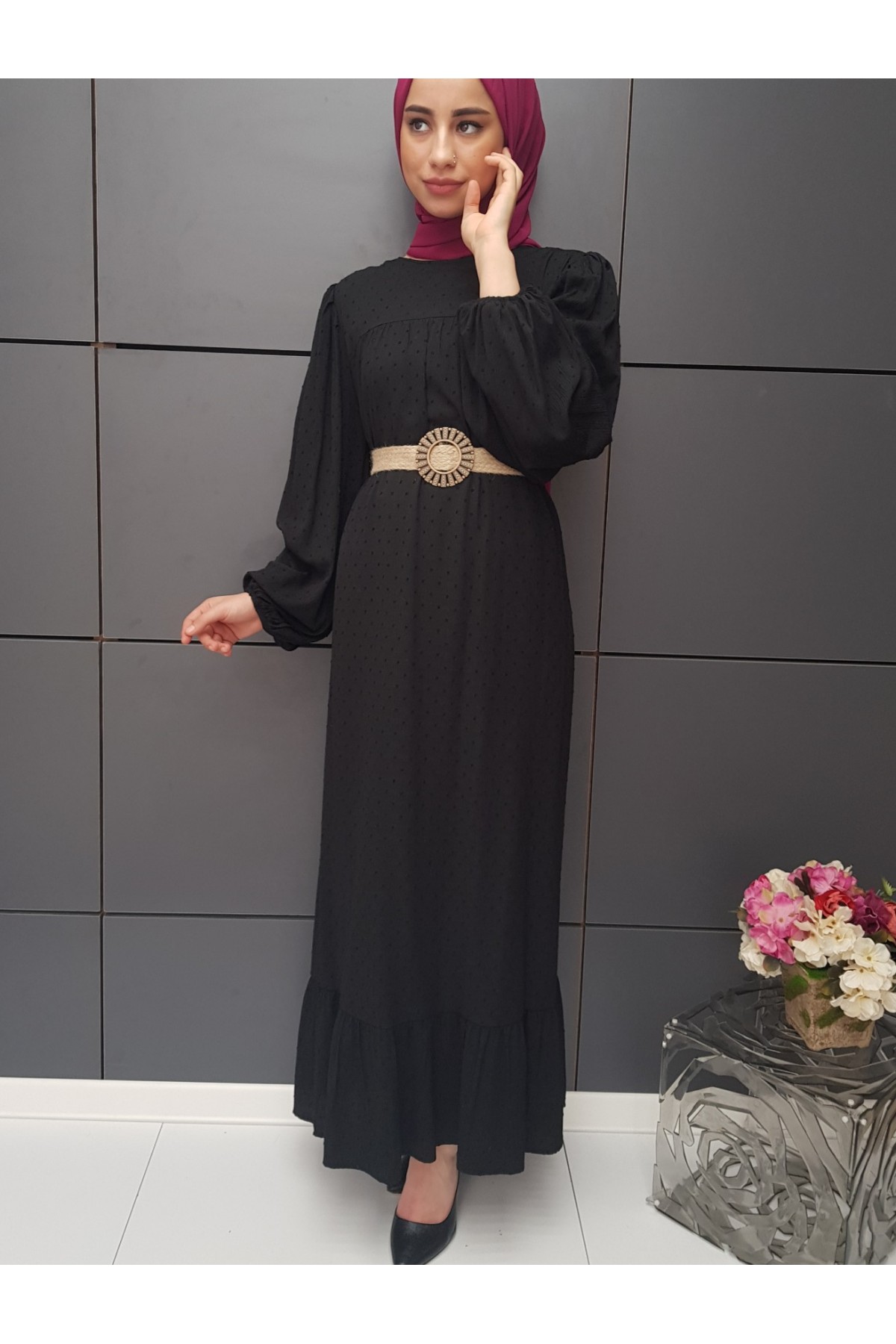 Pıt Pıt Desen Kemerli Elbise -Black