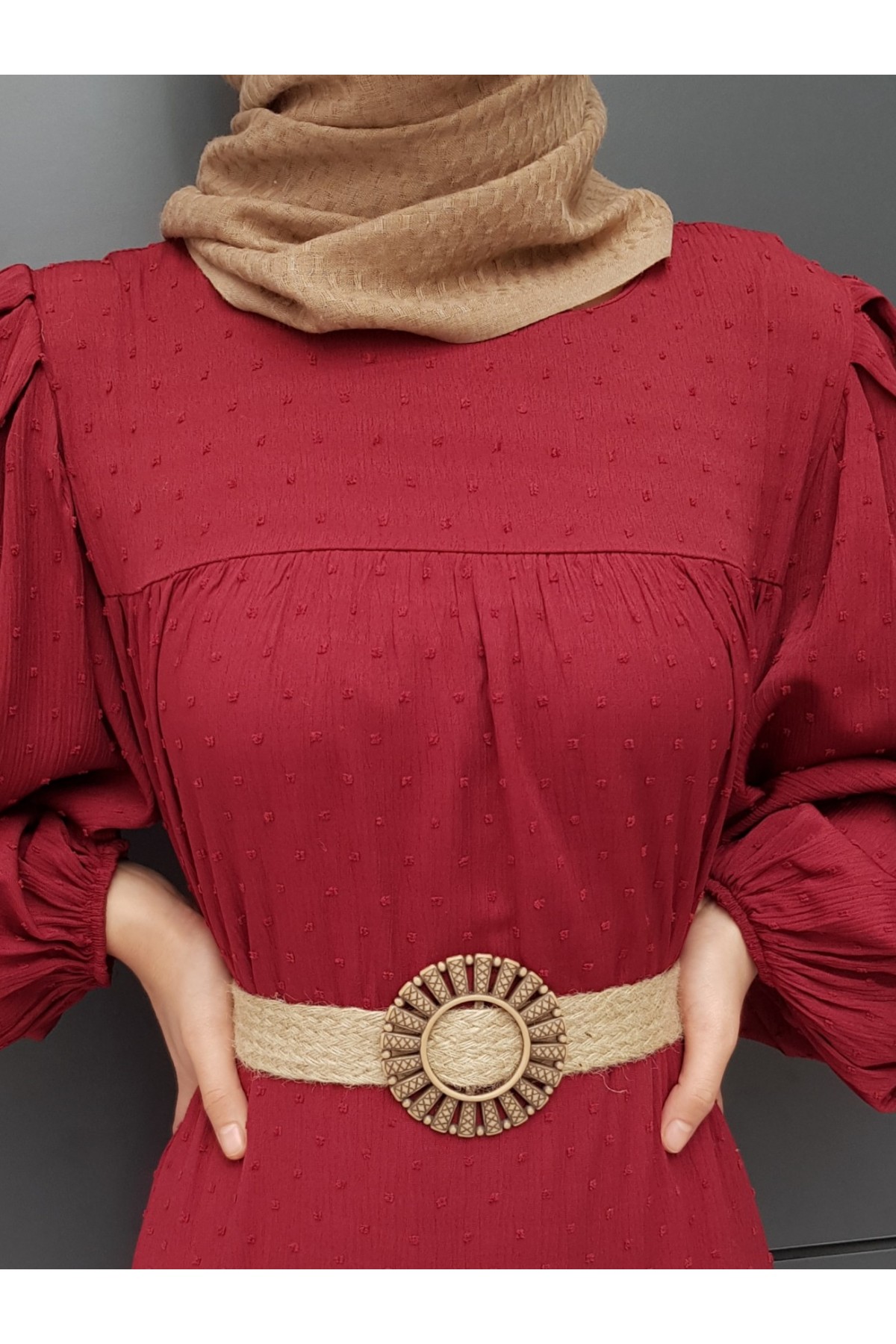 Pıt Pıt Desen Kemerli Elbise -Maroon