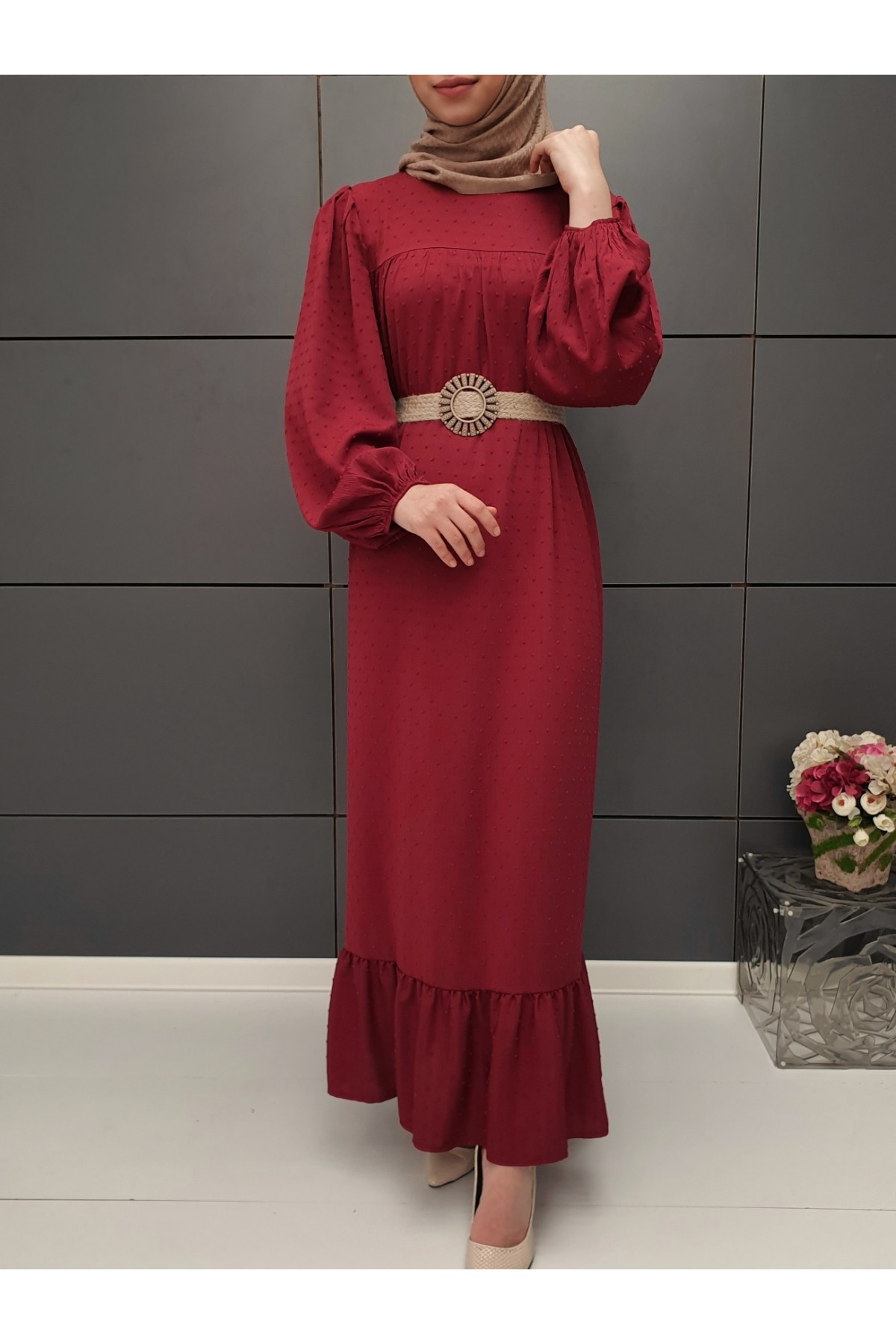 Pıt Pıt Desen Kemerli Elbise -Maroon