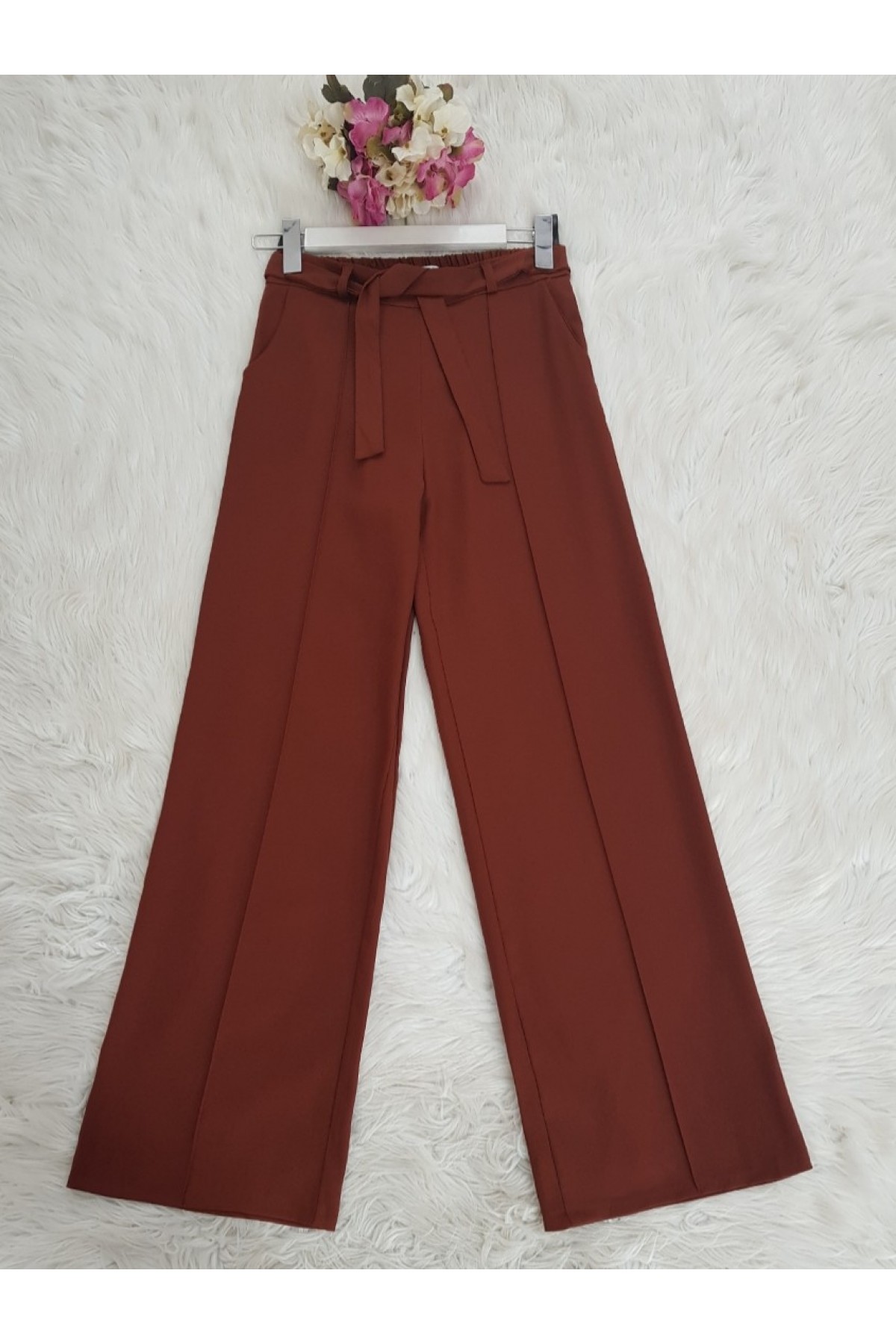 Belden Bağlamalı Lastikli Pantalon   -Kiremit