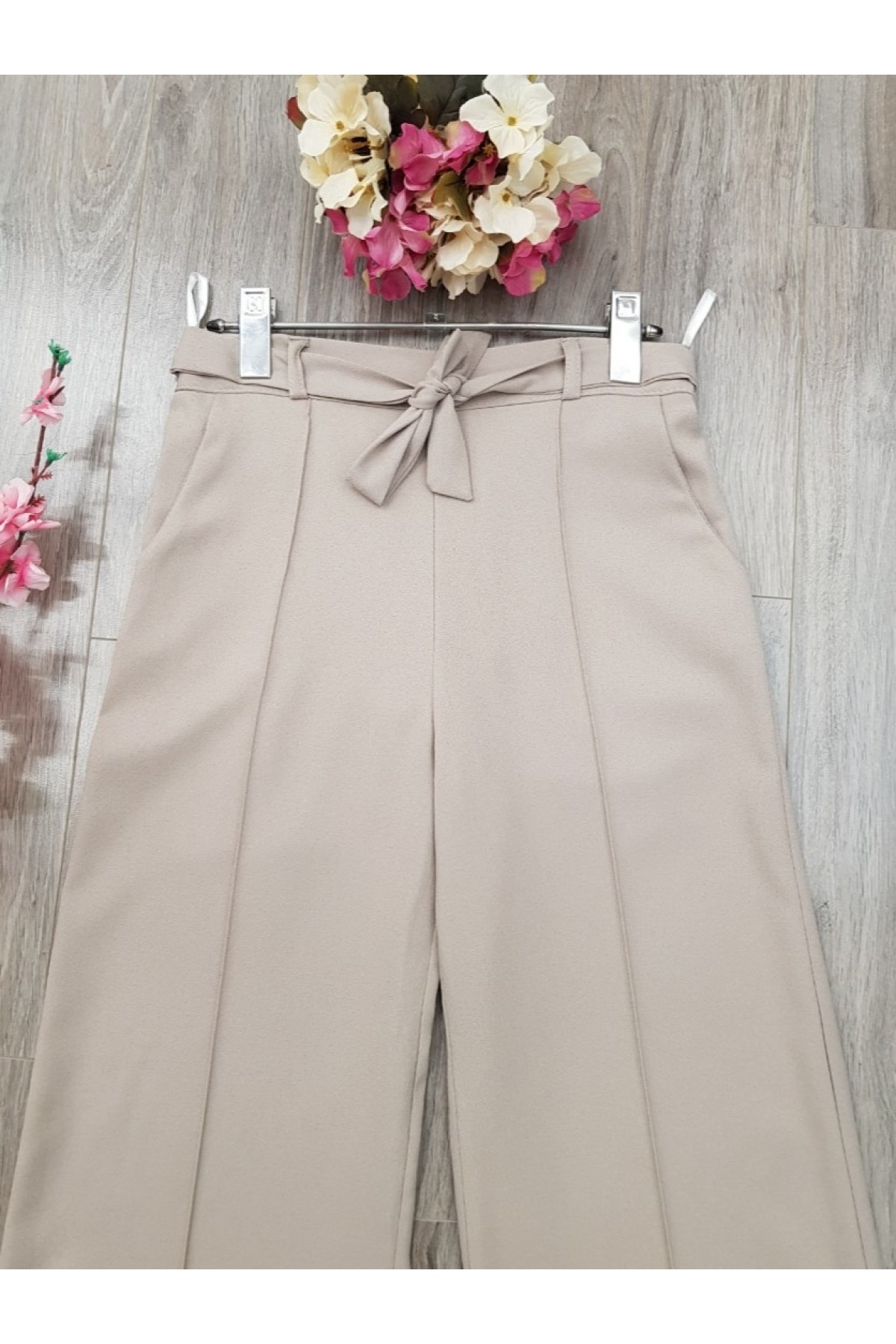 Belden Bağlamalı Lastikli Pantalon      -Taş