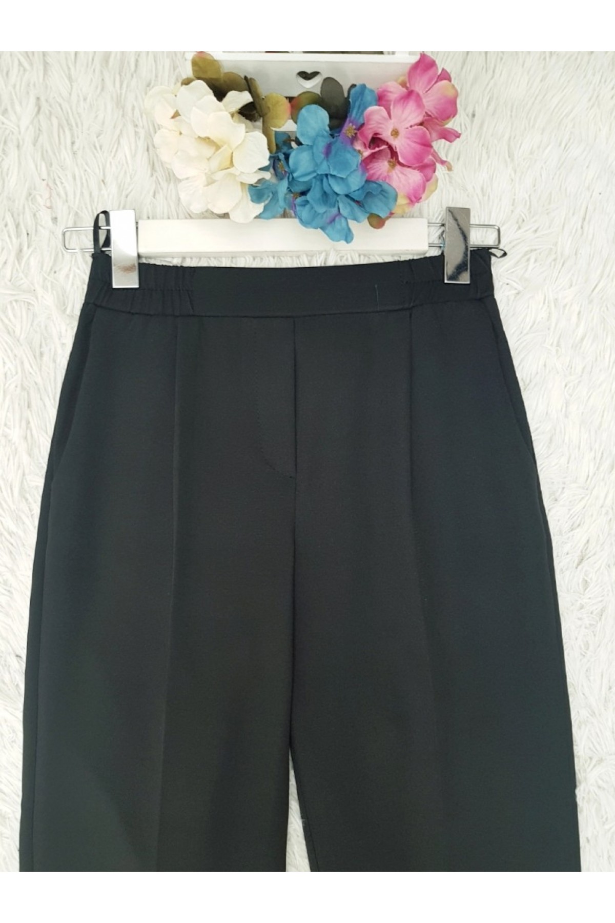  Waist Elastic Pants -أسود