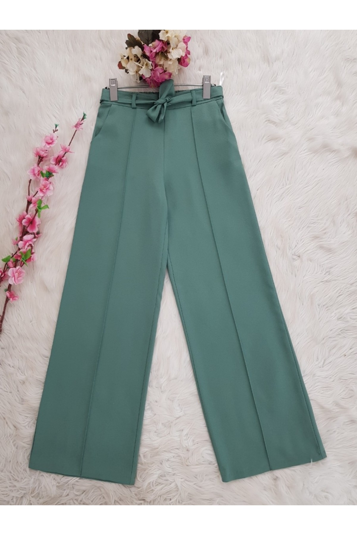 Belden Bağlamalı Lastikli Pantalon      -لون النعناع