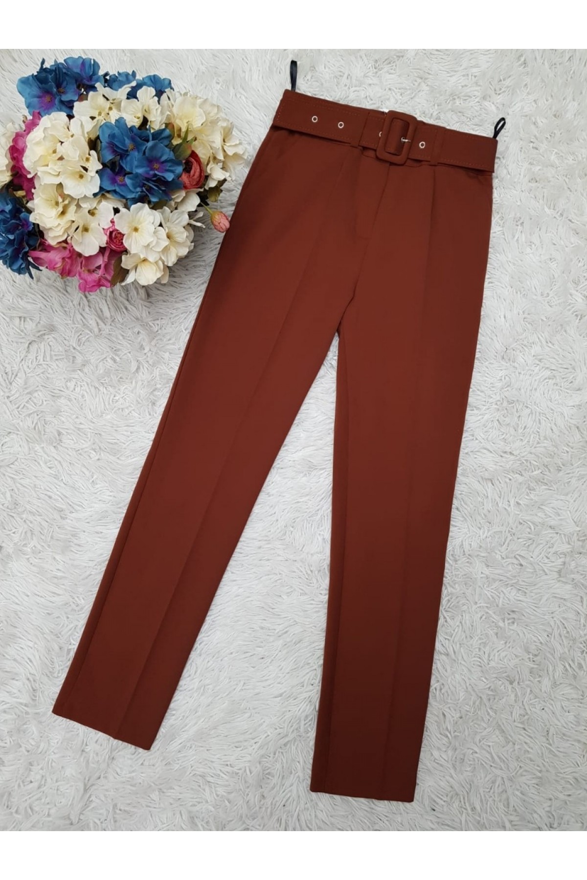 Kalın Kemerli Kumaş Pantalon  -Kiremit
