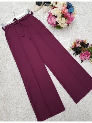 Belden Bağlamalı Lastikli Pantalon  -Mor