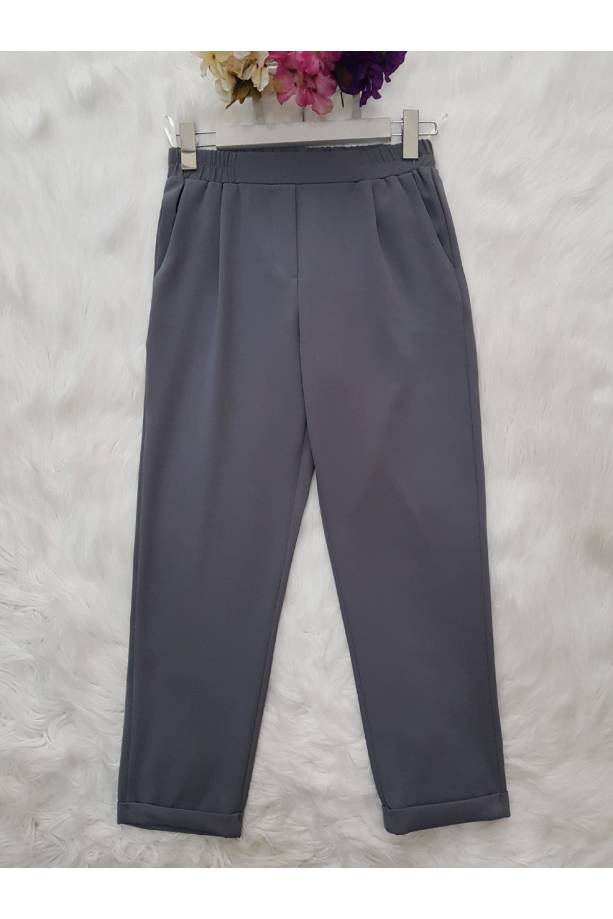  Waist Elastic Pants      -اللون الرمادي