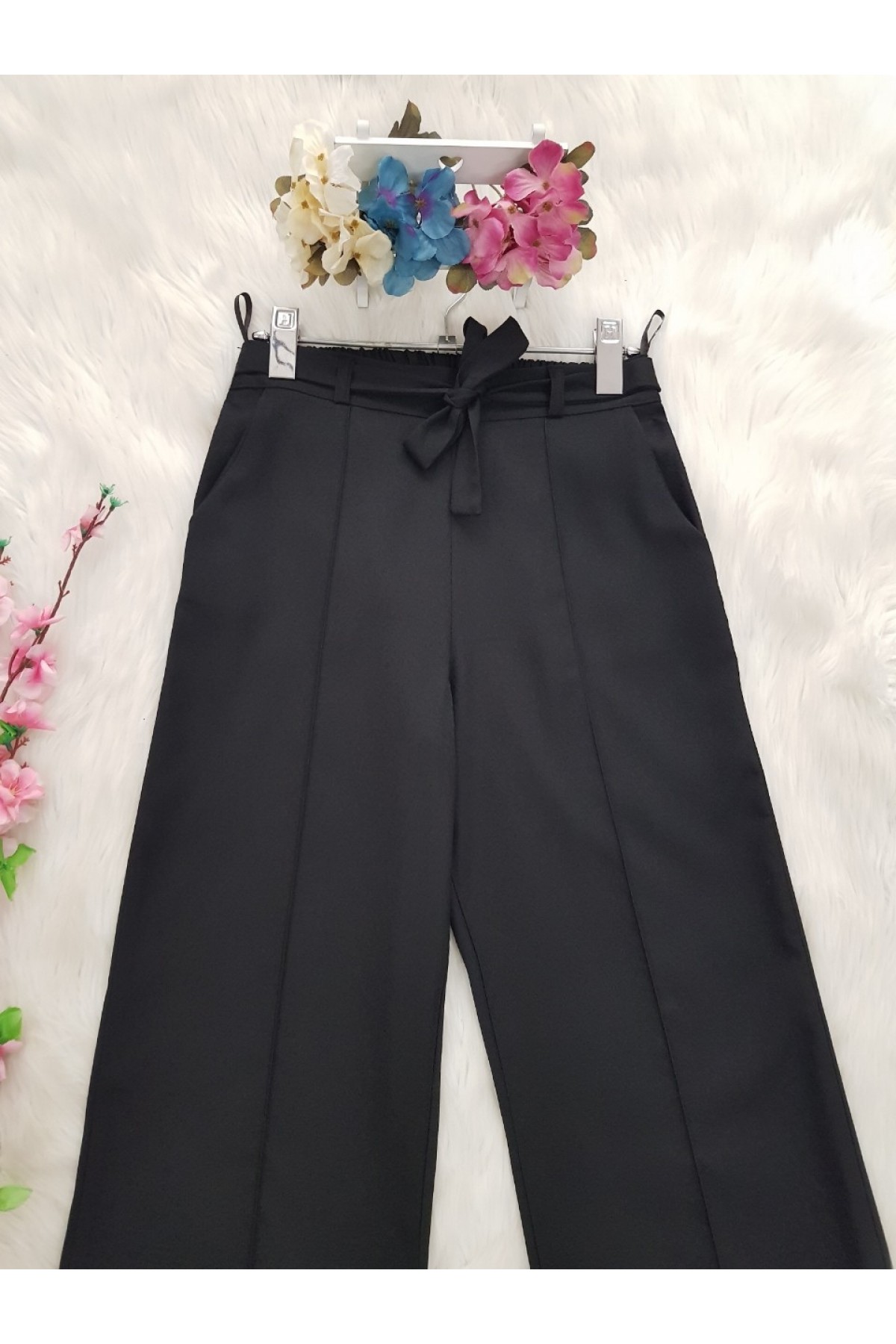 Belden Bağlamalı Lastikli Pantalon  -Siyah