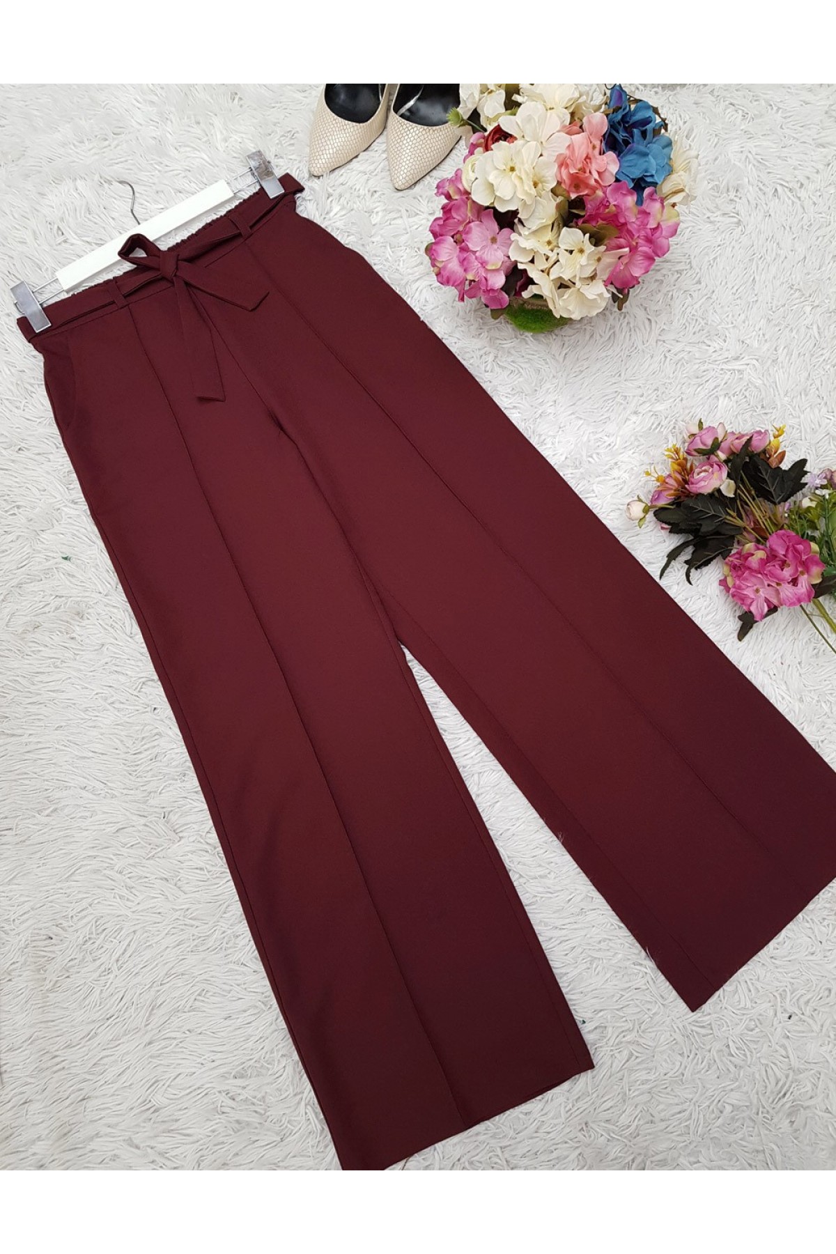 Belden Bağlamalı Lastikli Pantalon   -Bordo