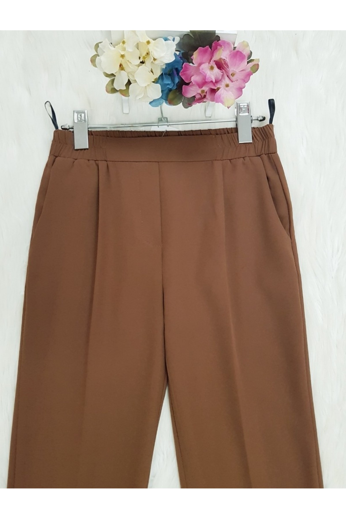  Waist Elastic Pants   -Brown
