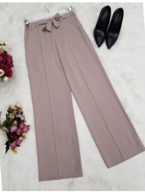 Belden Bağlamalı Lastikli Pantalon    -Krem
