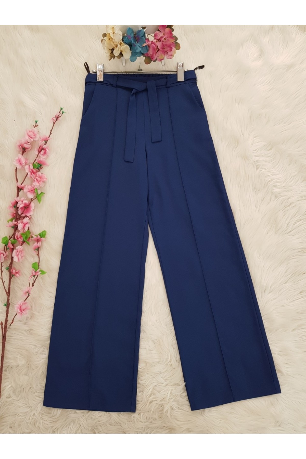 Belden Bağlamalı Lastikli Pantalon   -اللون النيلي