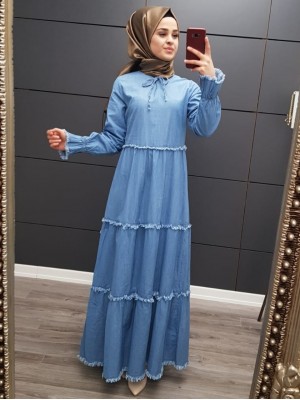 Üç Parça Yıkamalı Kot Elbise -Mavi