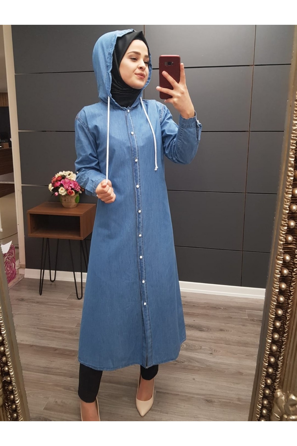 Kapşonlu Kot Kap -أزرق