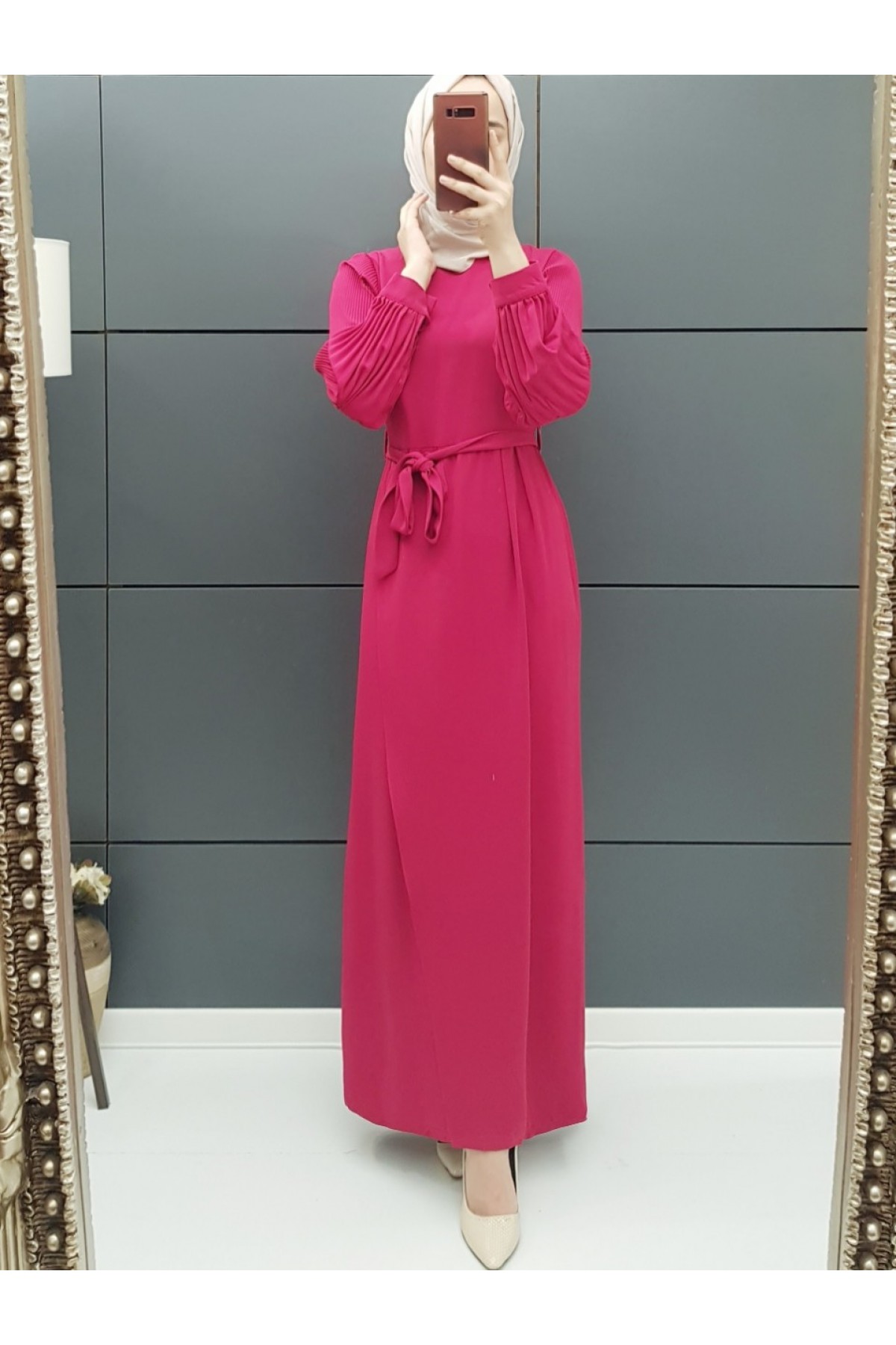 Pleated Sleeve Belted Dress -Fuchsia