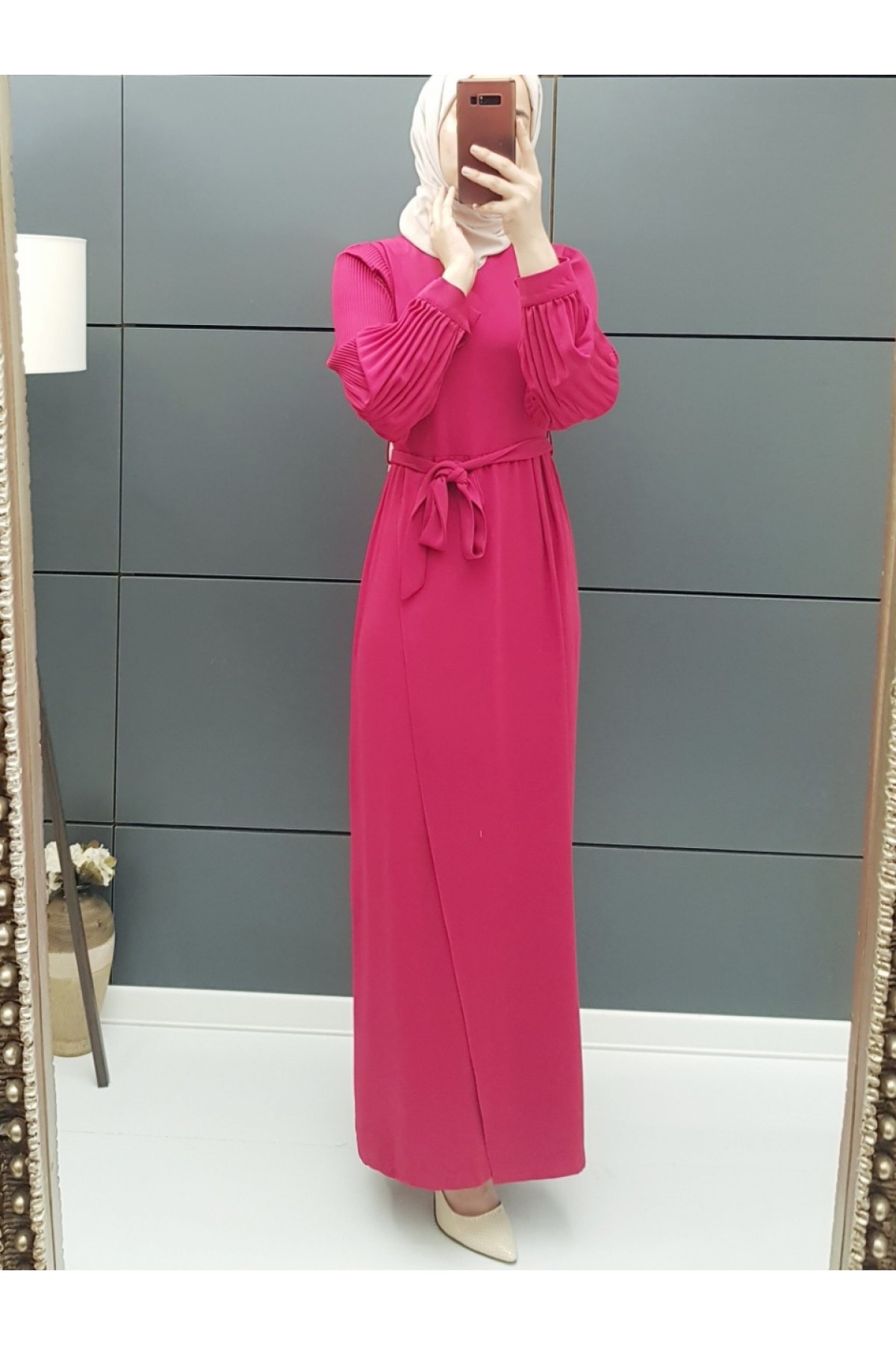 Pleated Sleeve Belted Dress -Fuchsia