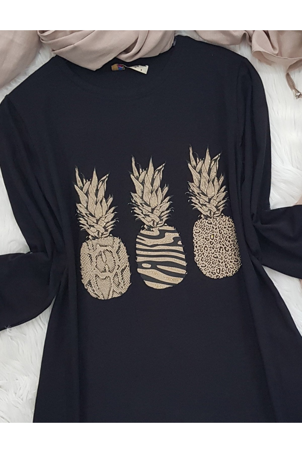 Ananas BAskılı Tunik  -Siyah