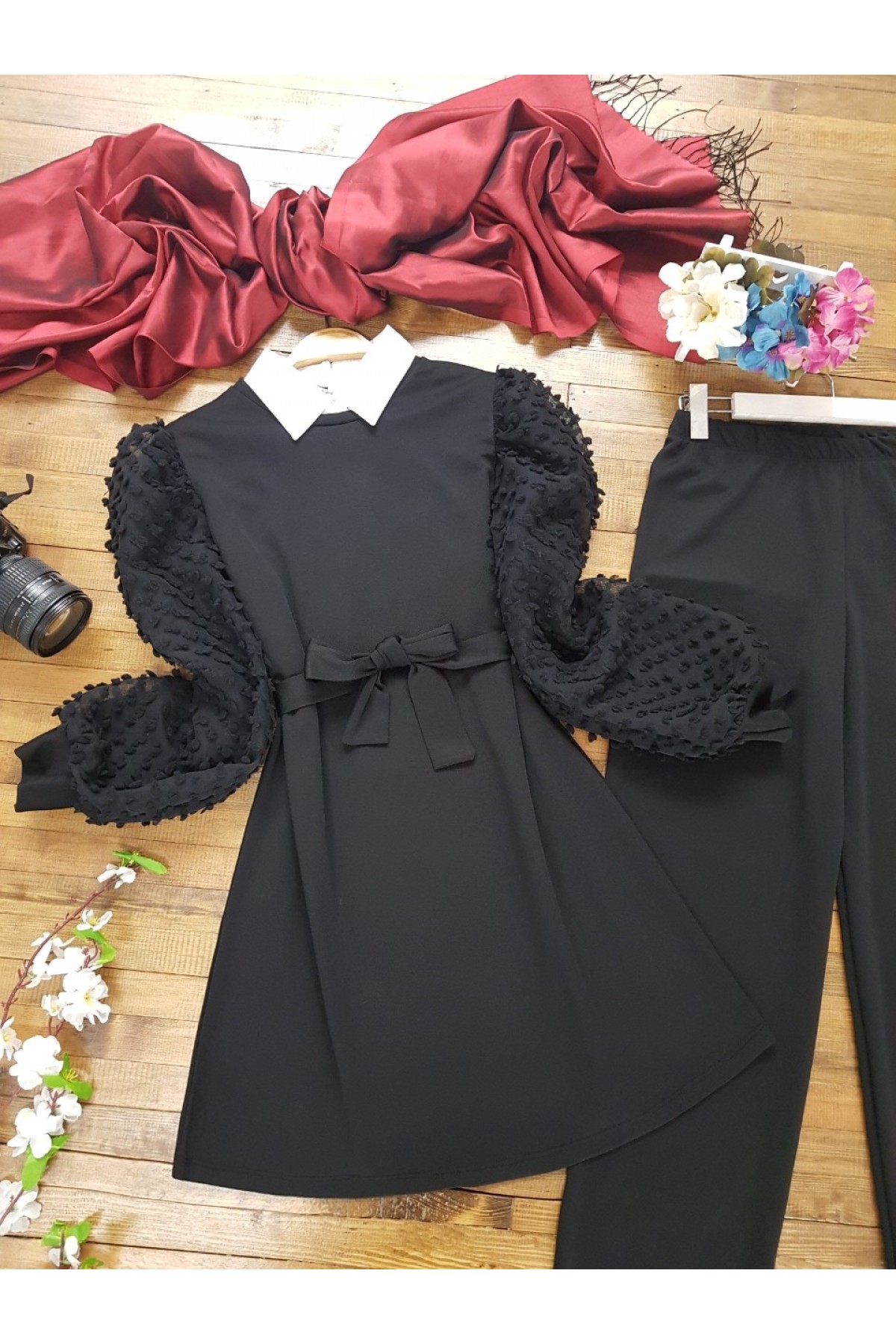 Tulle Detailed Suit -أسود