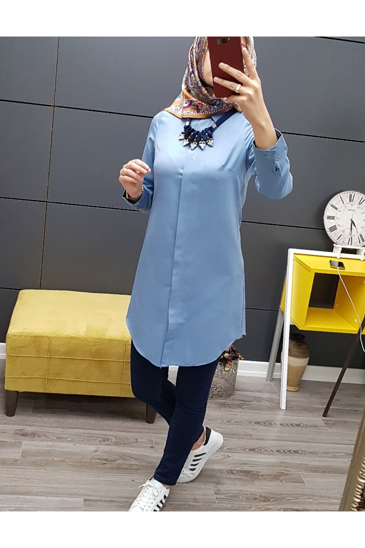 Düz Tunik Gömlek -اللون النيلي