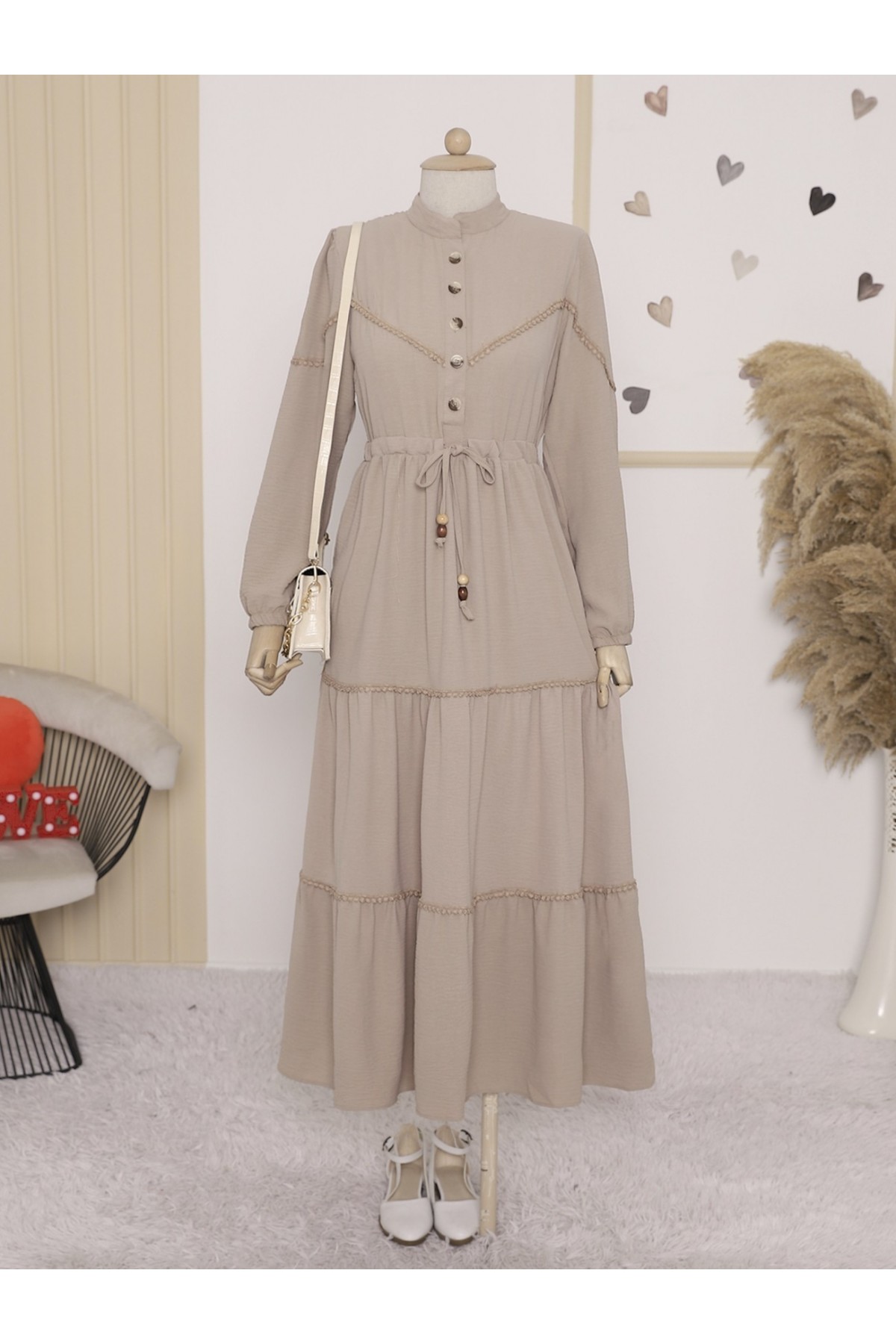 Half Buttoned Lace-Up Dress -Mink color