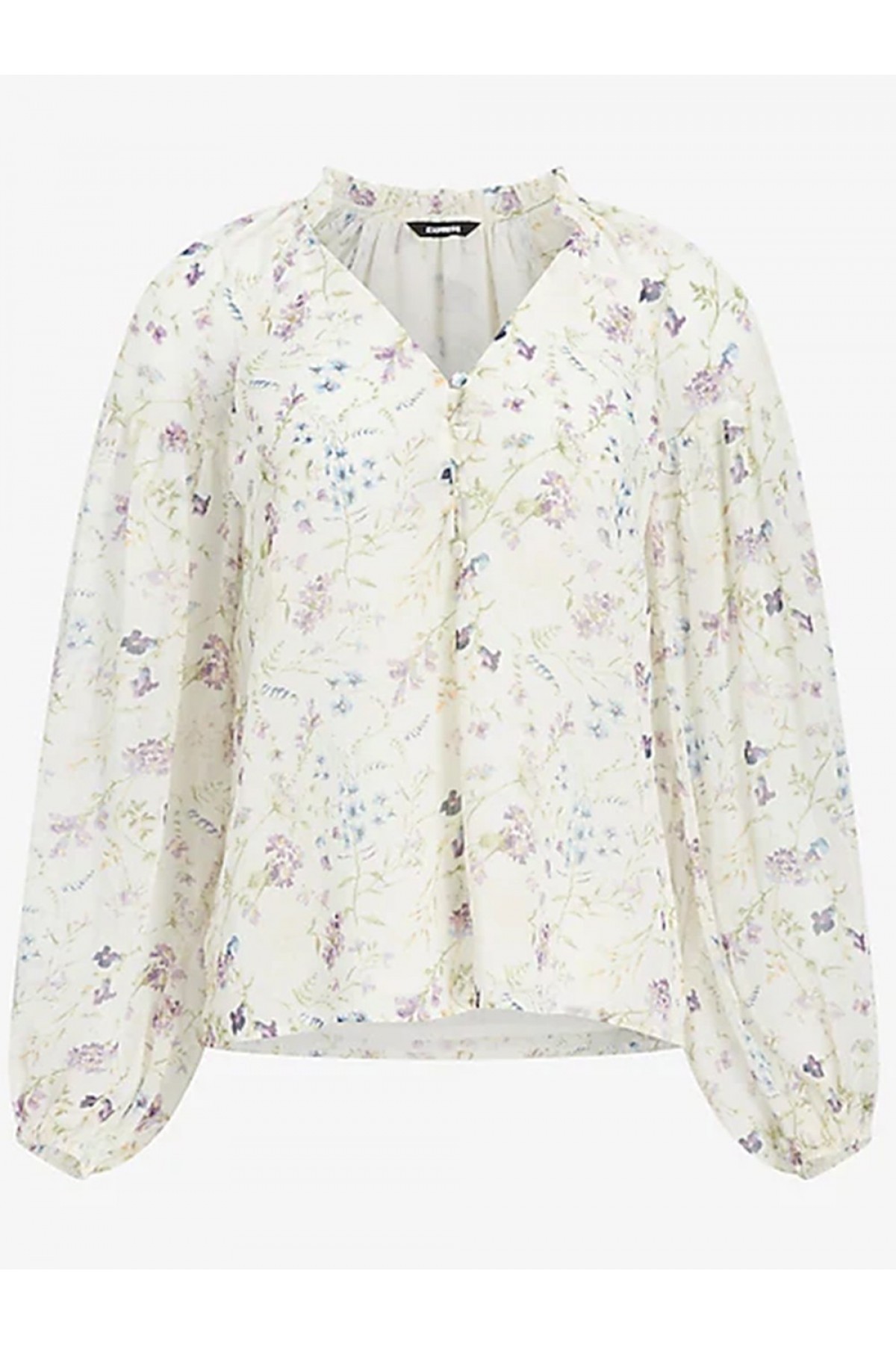 Çiçek Baskılı Nakışlı Balon Kol Gömlek -İndigo