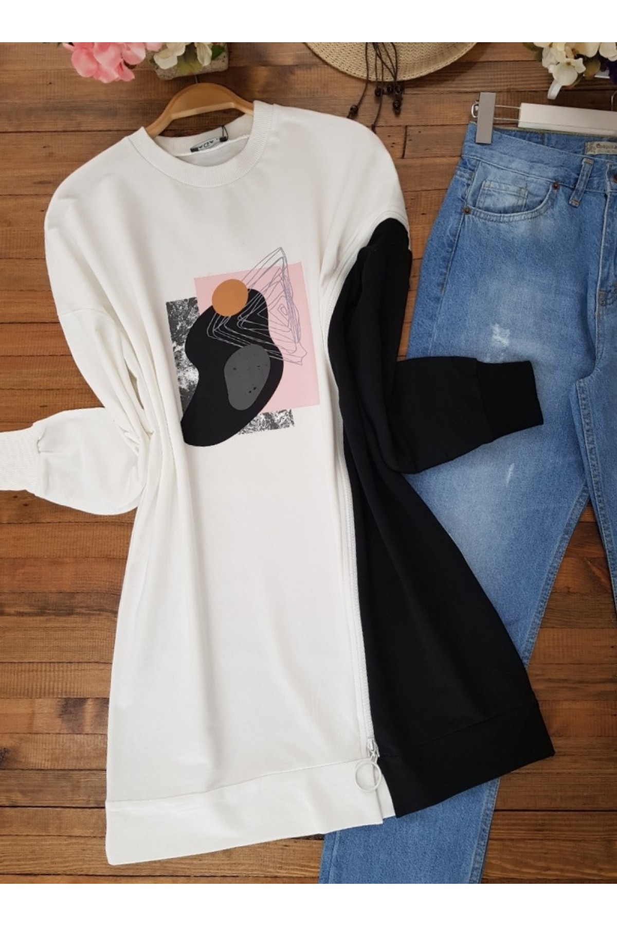 Yandan Fermuarlı Sweat  -Black