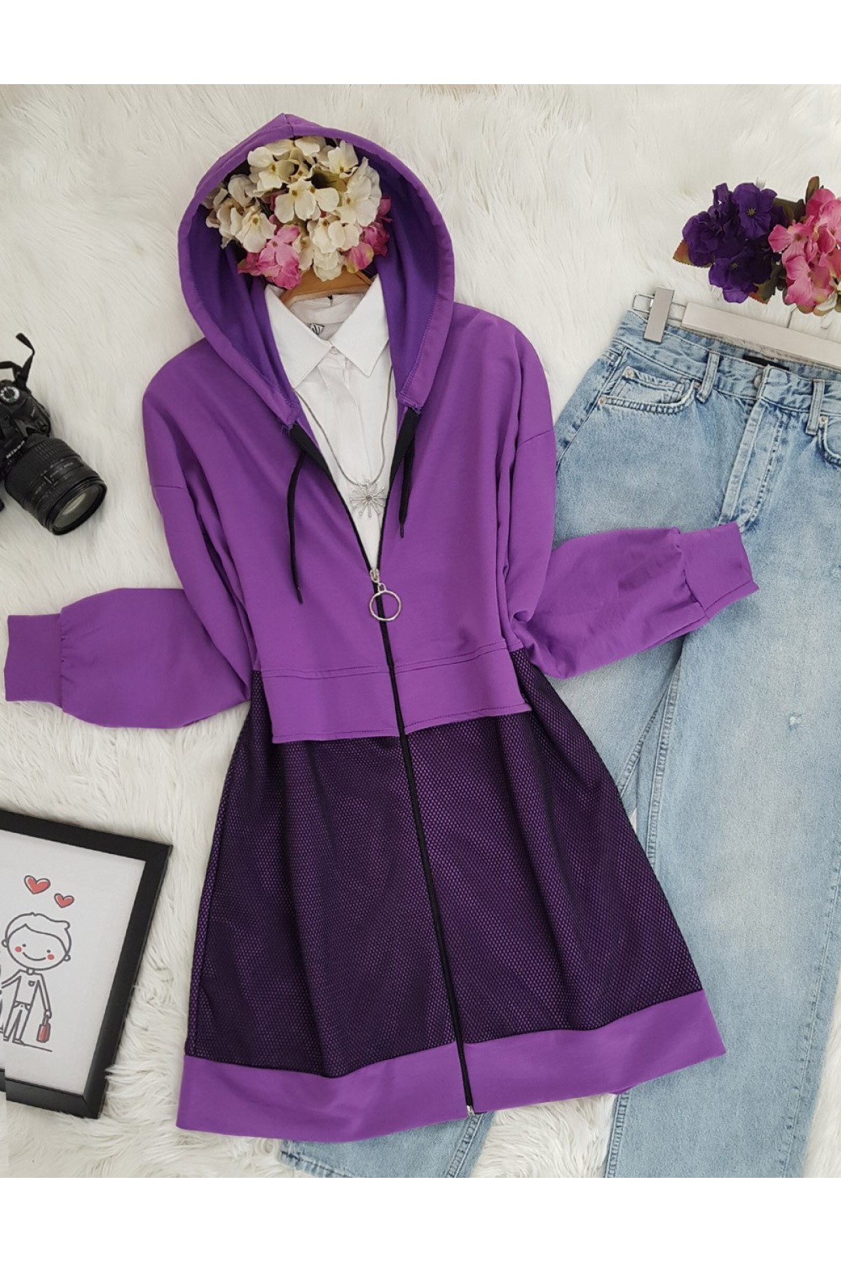 Önü Fileli Kapşonlu Sweat -Mor
