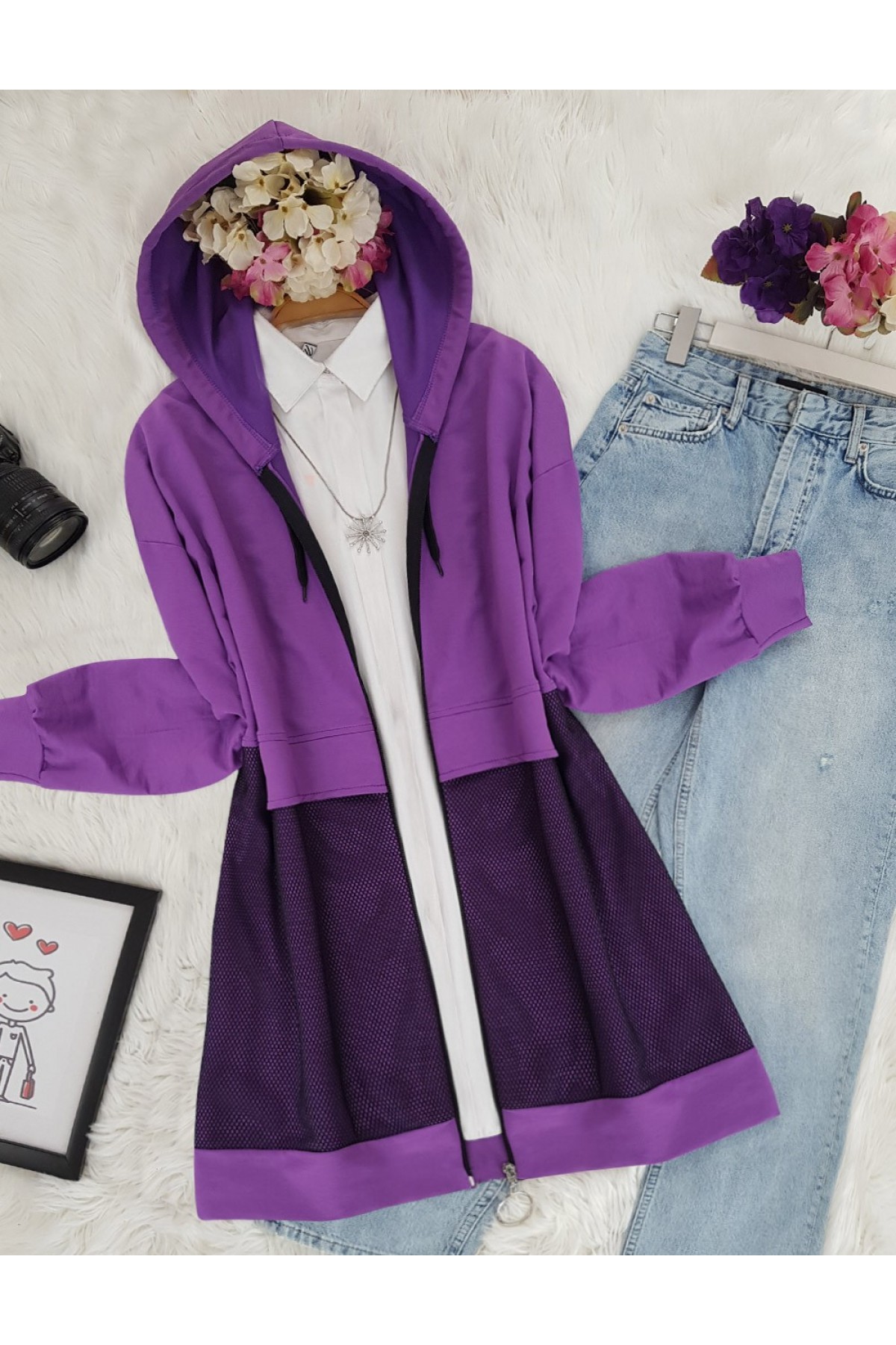 Önü Fileli Kapşonlu Sweat -Mor