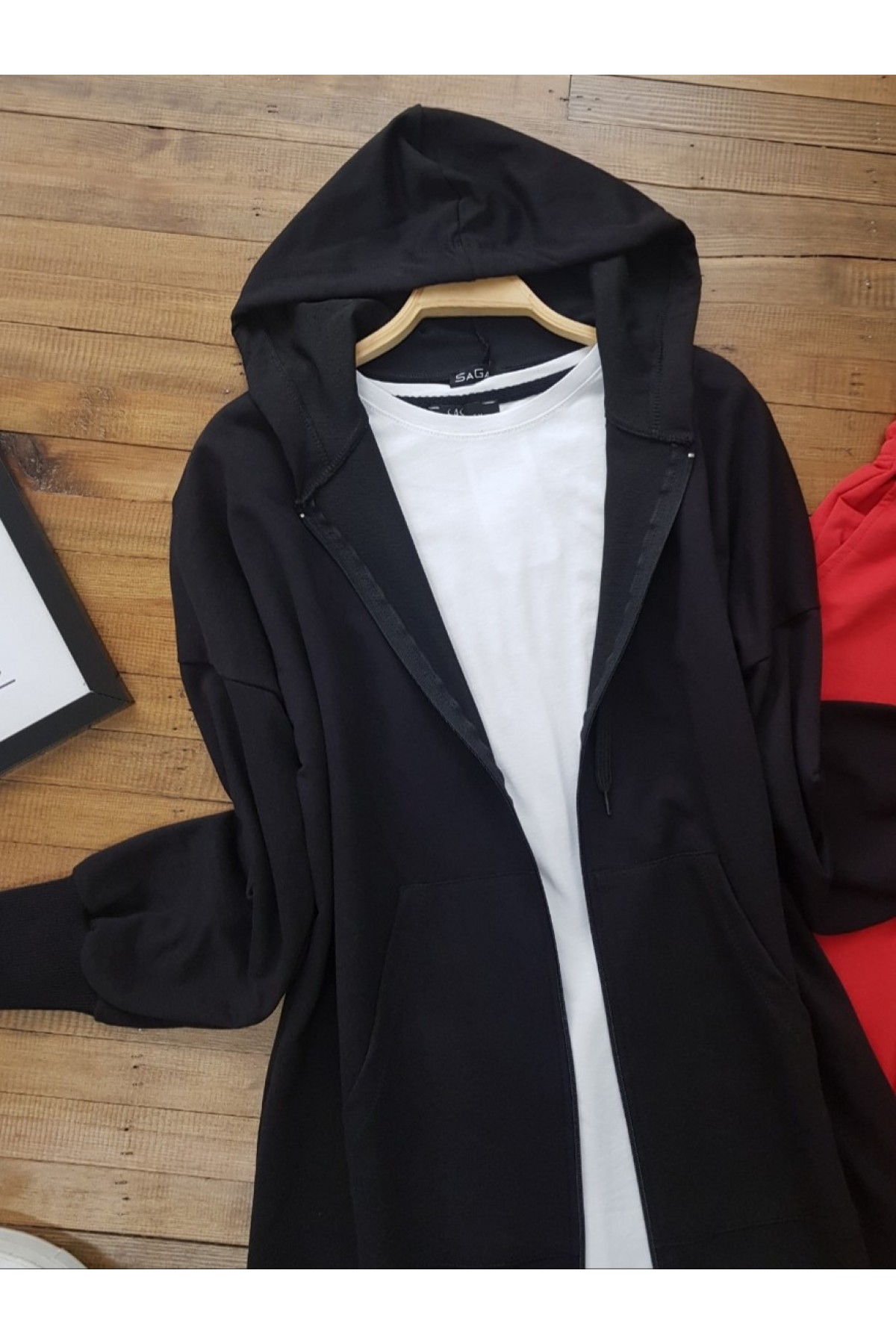 Kapşonlu Kanguru Cepli Sweat -Black