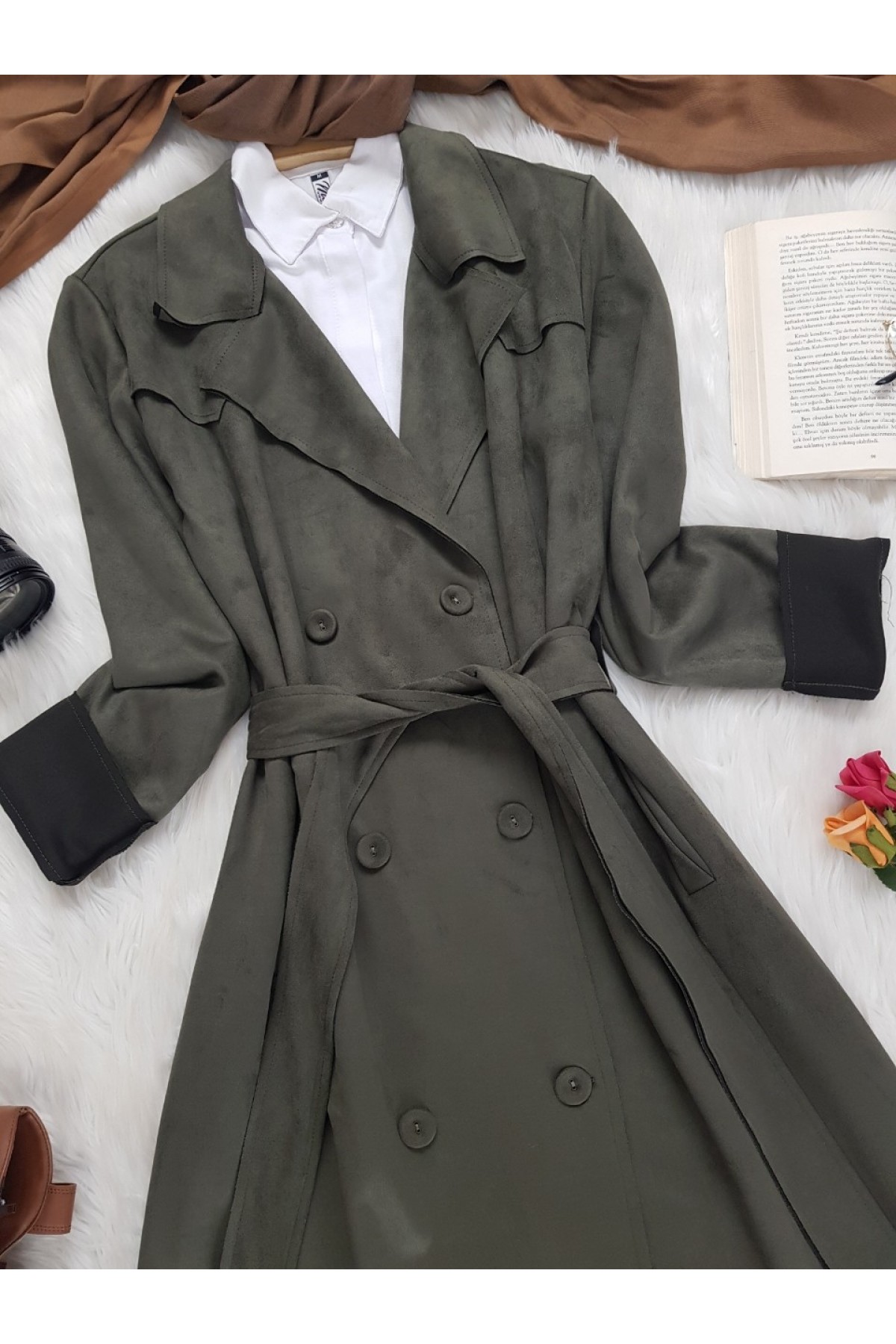 Çift Düğmeli Süet Kap -Khaki
