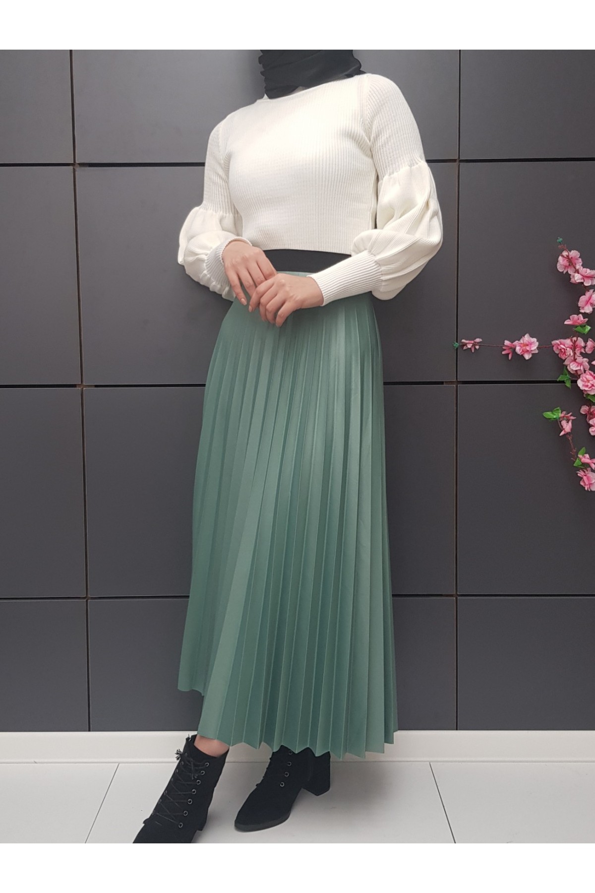  Pleated Lacquered Skirt-Mint Color detay görseli