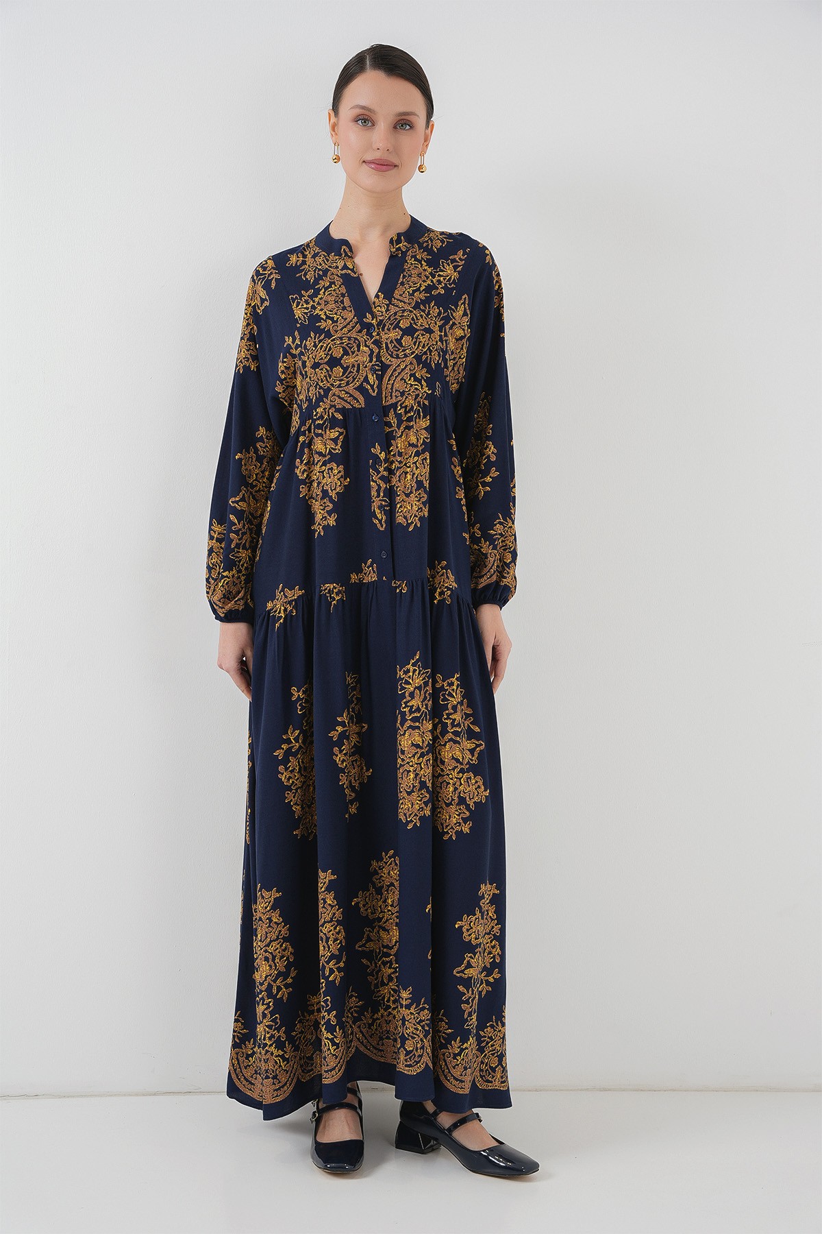 Lacivert Gold Desenli Tesettür Elbise 2423