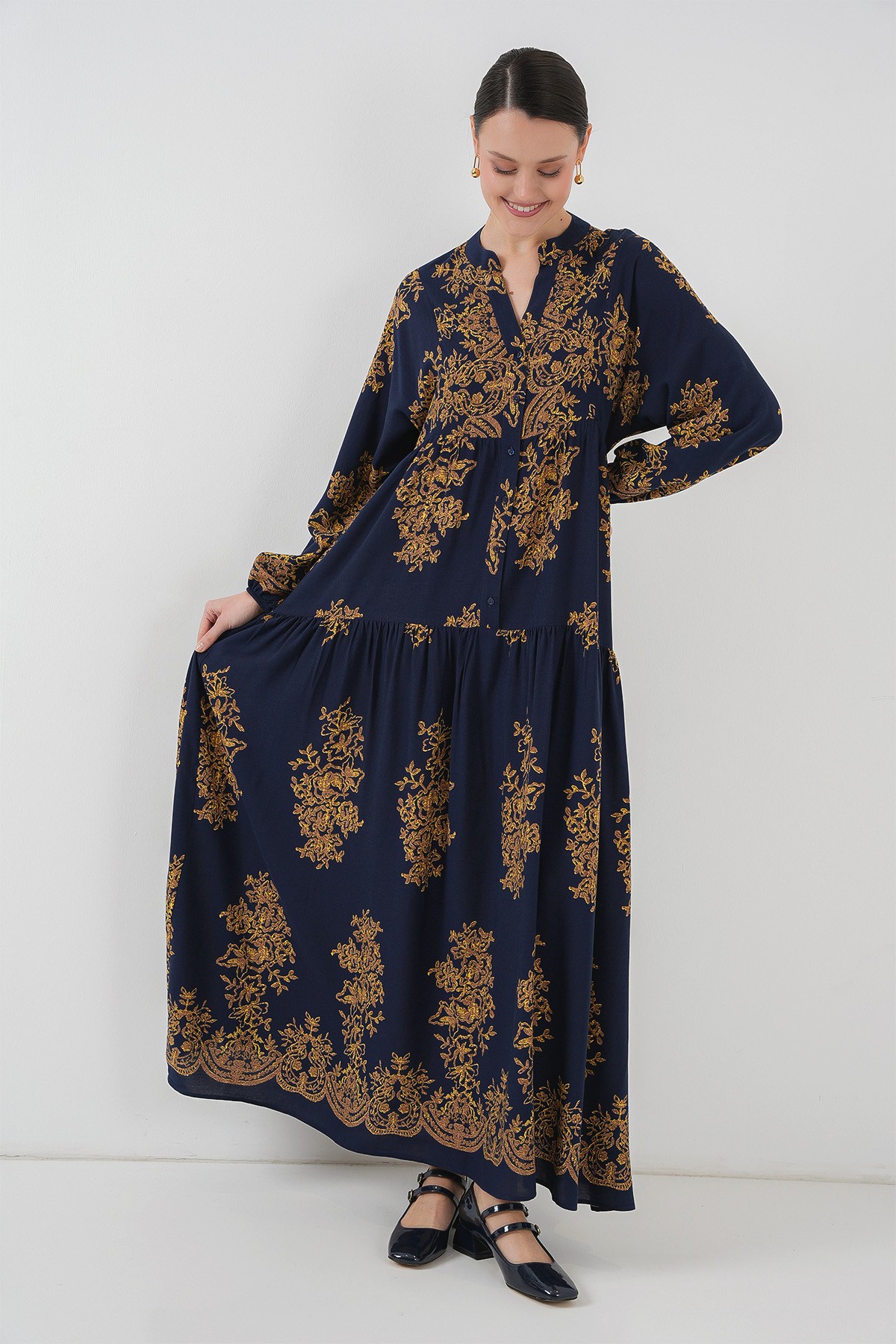 Lacivert Gold Desenli Tesettür Elbise 2423