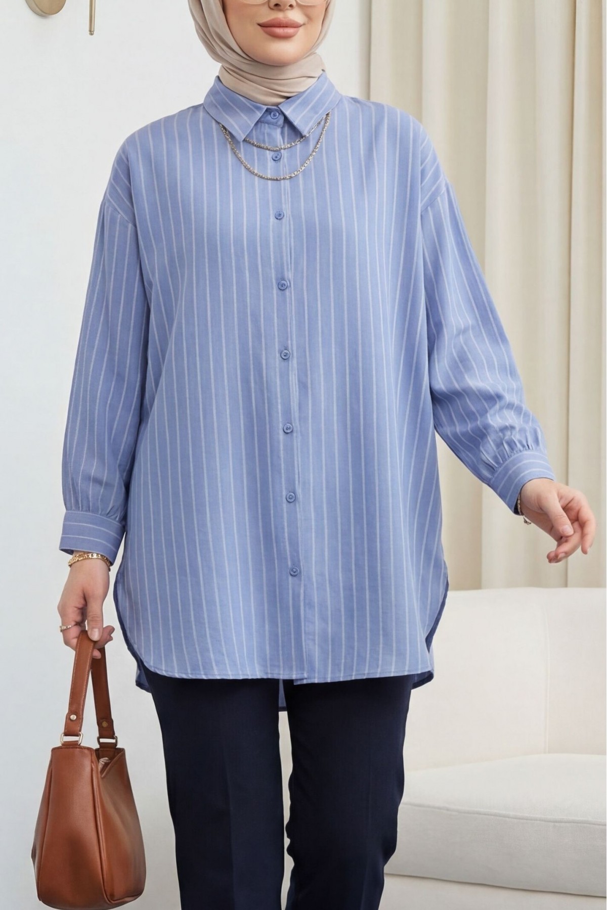 Striped Slit Loose-Fitting Linda Shirt -Ice Blue