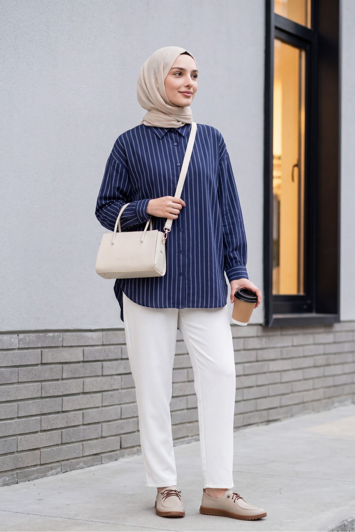 Striped Slit Loose-Fitting Linda Shirt -Navy blue