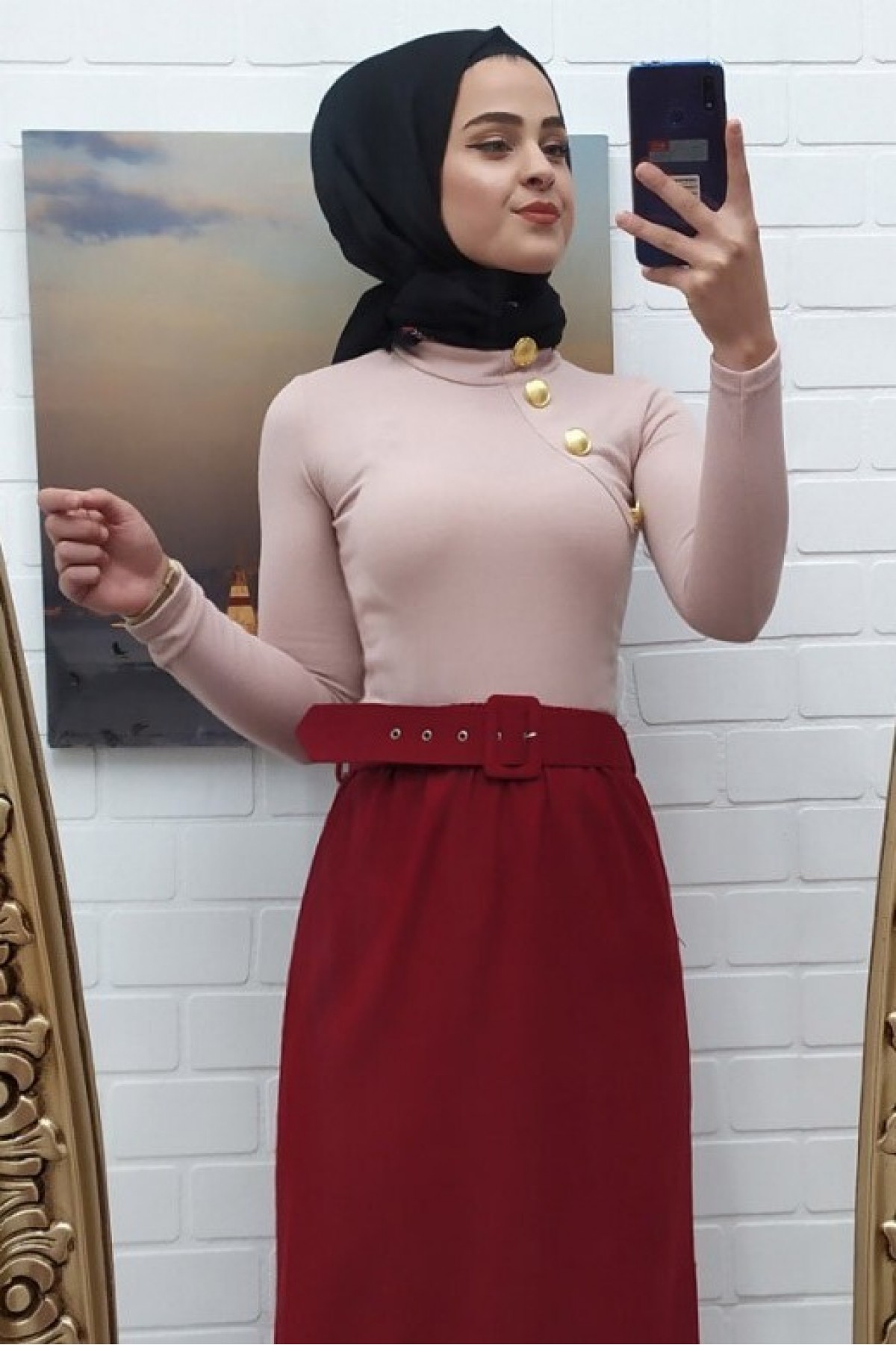 Düğme Detaylı Boğazlı Metraj Triko  -Powder