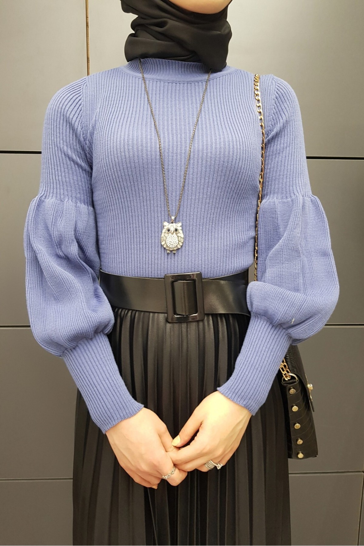 Balloon Sleeve Knitwear Sweater-Blue