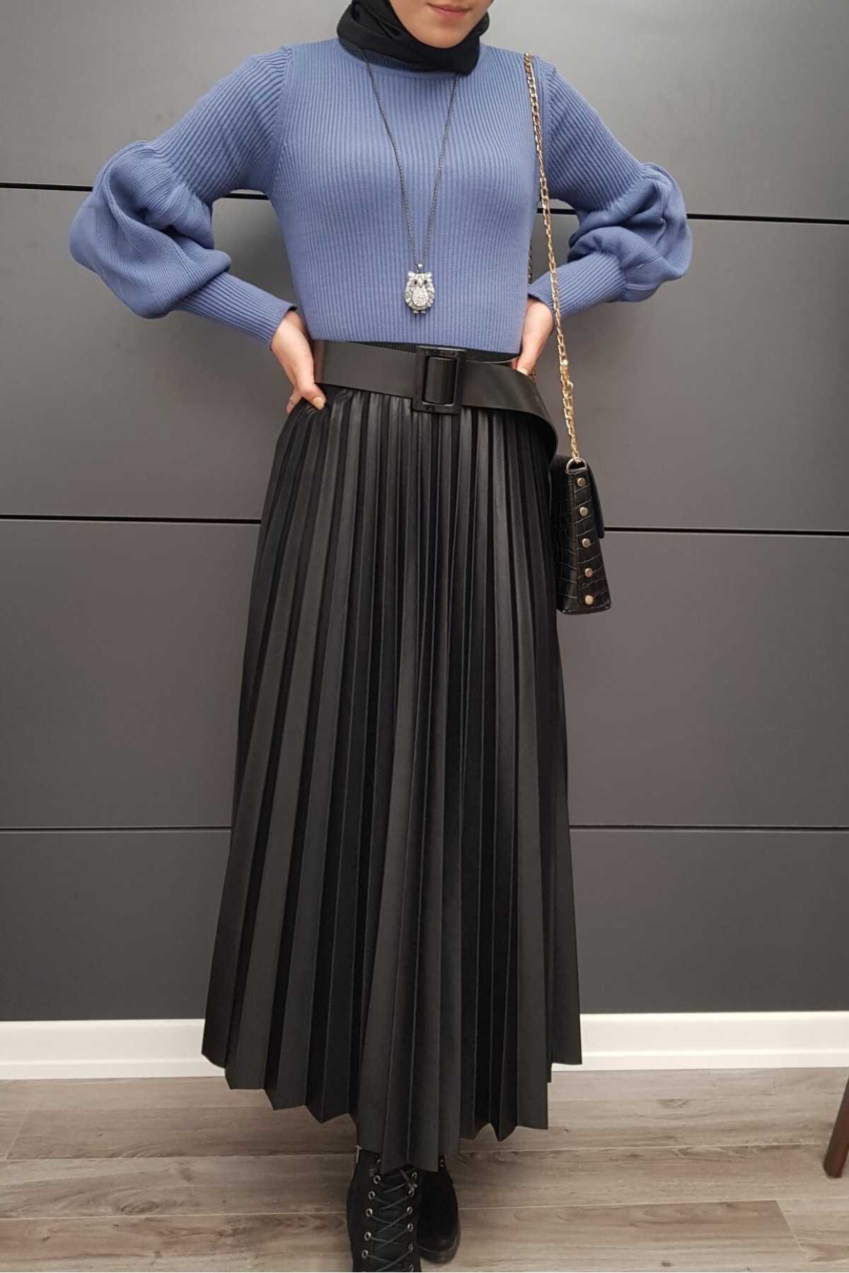  Balloon Sleeve Knitwear Sweater-Blue