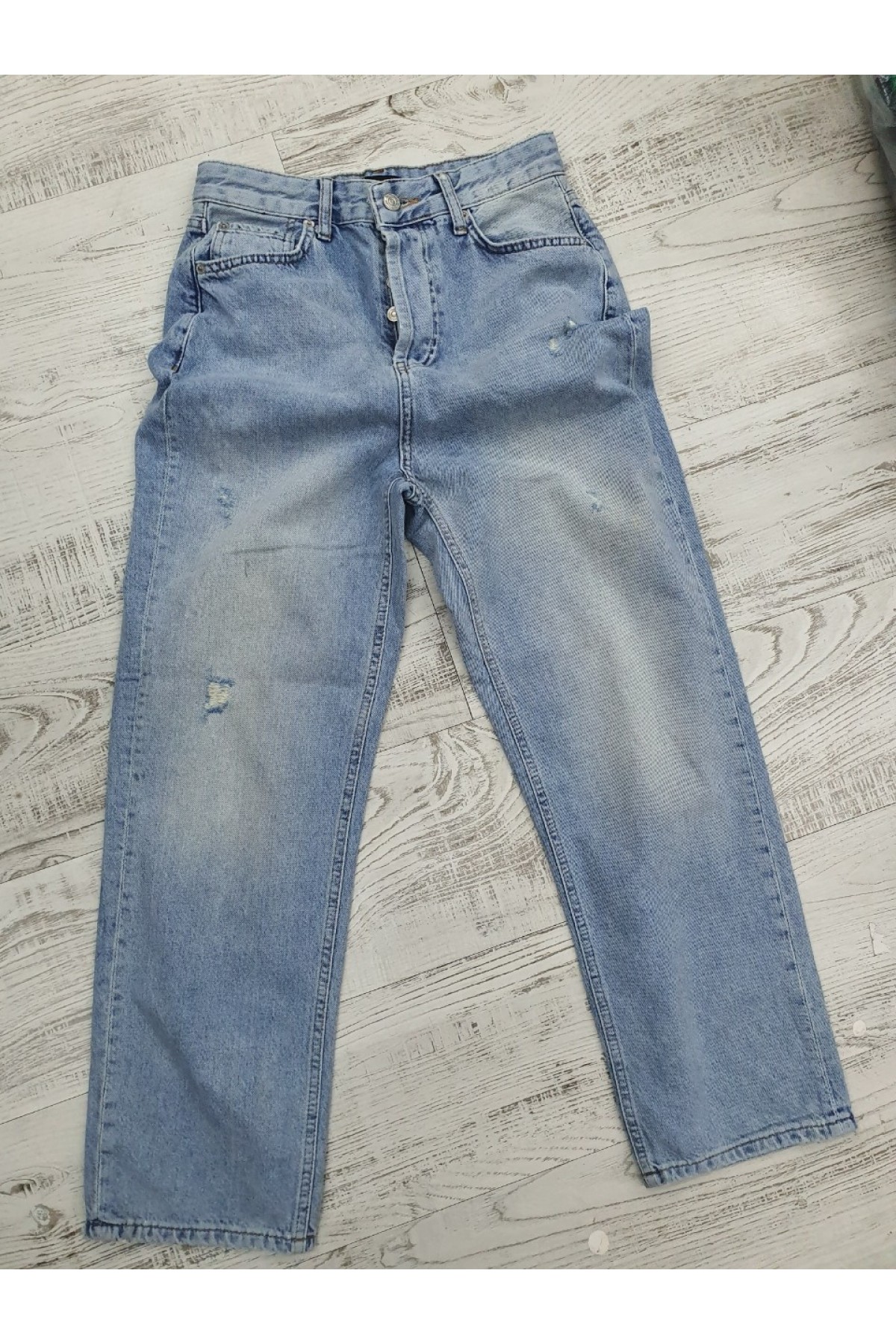 Yıpratma Mom Kot Pantolon -Mavi