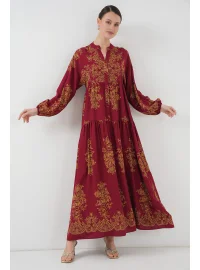 Bordo Gold Desenli Tesettür Elbise 2423