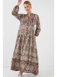 2423 Otantik Desenli Tesettür Elbise - Y.Kahve