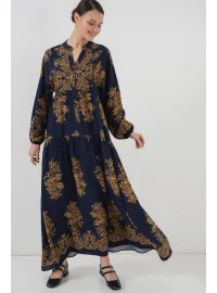 Lacivert Gold Desenli Tesettür Elbise 2423